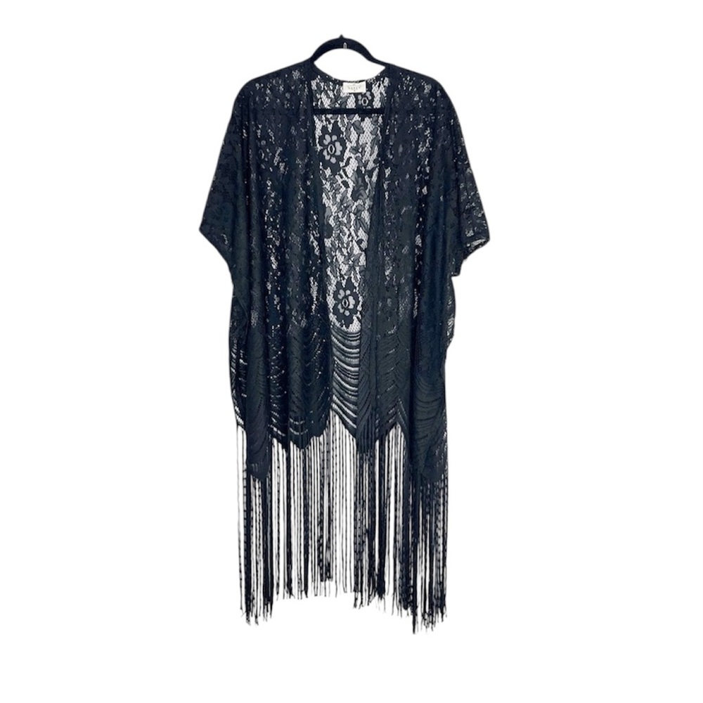 EMBER Black Lace and Fringe Boho Kimono Cardigan size Medium